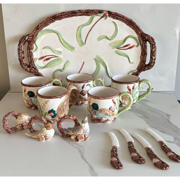 Vintage Tea Set Quail Motif Ceramic Mug Set Tea Tray Acorn Twig Canapé Knives - Picture 1 of 12